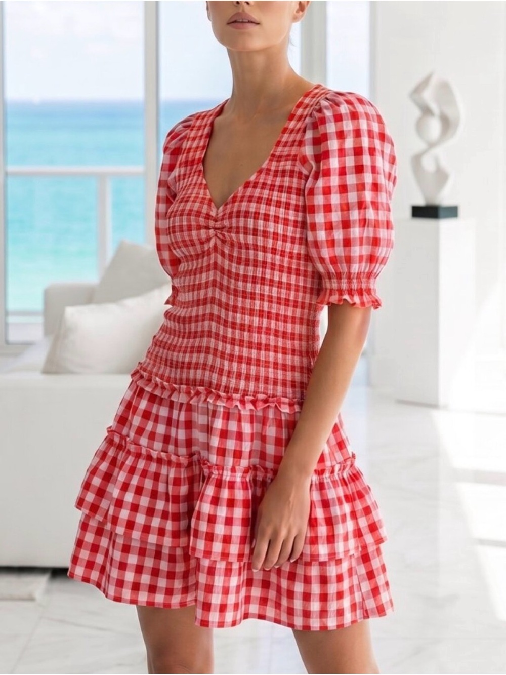CAROLINE CONSTAS Sabrina red gingham smocked mini dress puff sleeves S